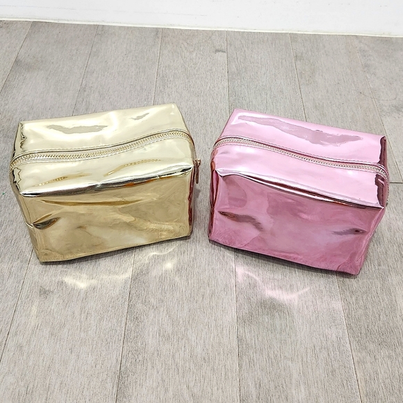 Handbags - Gold Pink Metallic zip makeup cosmetic beauty pouch organizer bundle of 3